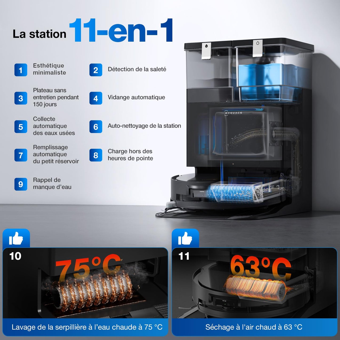 ECOVACS X8 Omni Robot Aspirateur Laveur avec Station Omni, Aspirateur Robot 18000Pa, Nettoyage Automatique instantané OZMO Roller, Lavage à l'eau Chaude 75 ℃, Vidage Automatique, Noir