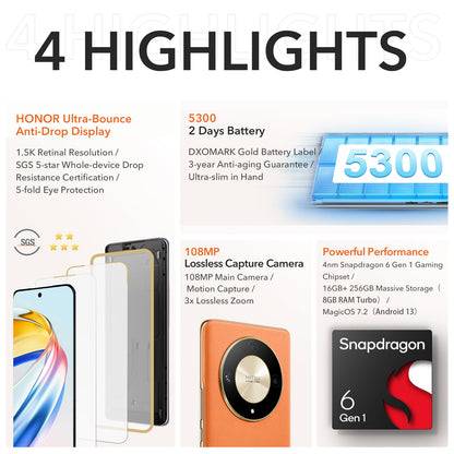 HONOR Magic6 Lite 5G Smartphone 8Go 256Go, 6.78" 120Hz AMOLED écran incurvé, 108MP Triple caméra arrière, Android 13, Dual Sim, Google Play, NFC, Vert